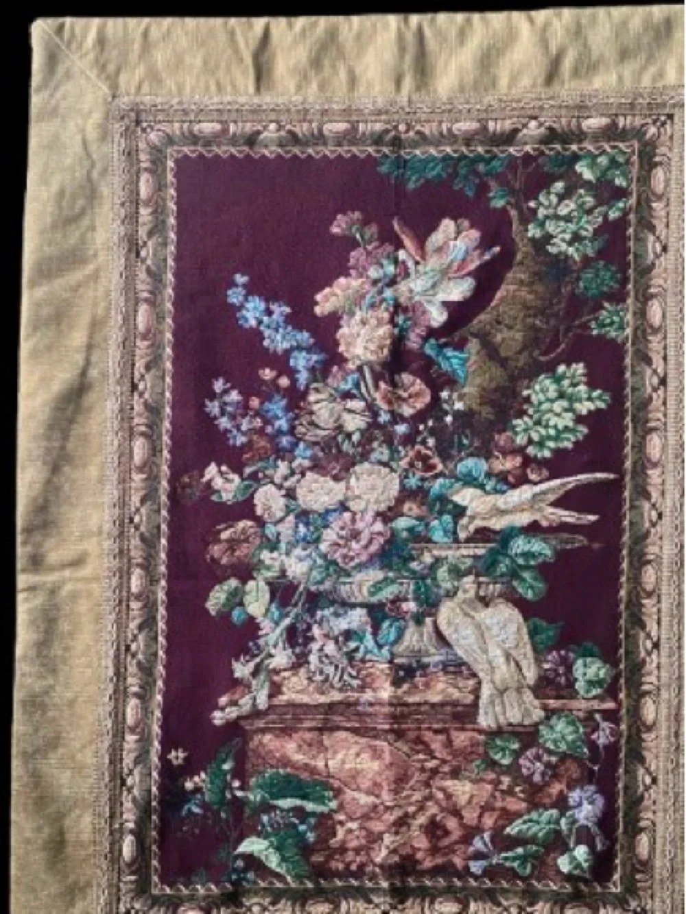 Vintage Wall Tapestry Aubusson Style Floral Birds Fringe Woven Textile 55” x 37”